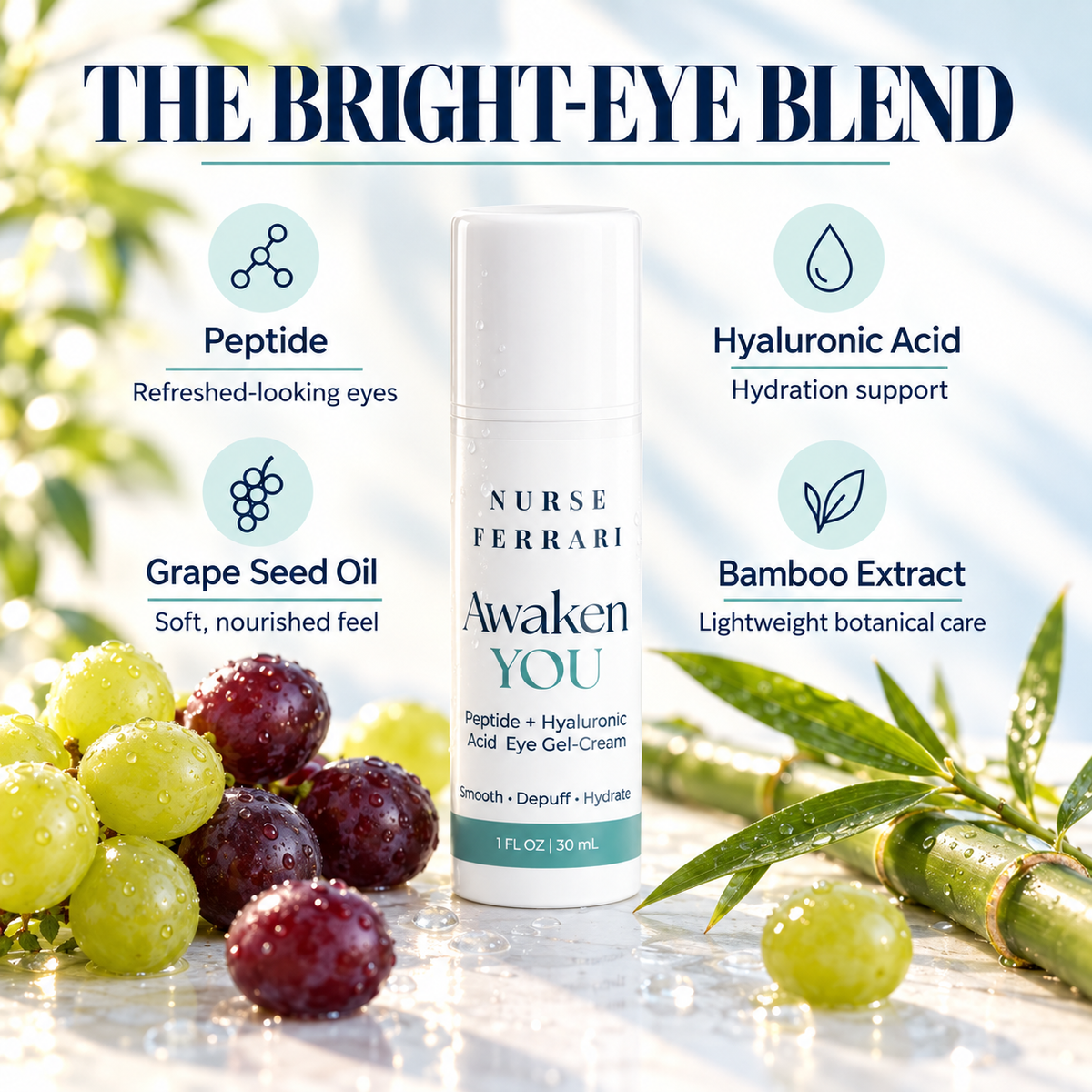 Awaken YOU peptide hyaluronic acid grape seed oil and bamboo ingredient story