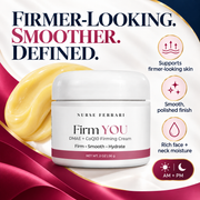 Firm YOU benefit card highlighting firmer-looking skin, a smoother polished finish, and rich face and neck moisture