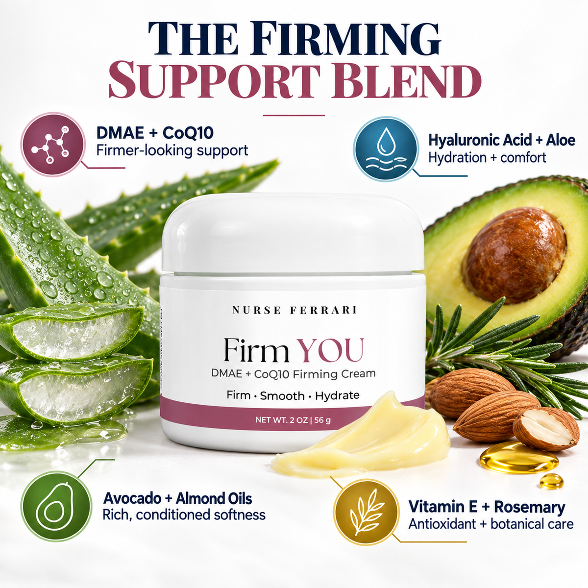 Firm YOU ingredient story featuring DMAE, CoQ10, hyaluronic acid, aloe, avocado oil, almond oil, vitamin E, and rosemary