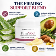 Firm YOU ingredient story featuring DMAE, CoQ10, hyaluronic acid, aloe, avocado oil, almond oil, vitamin E, and rosemary