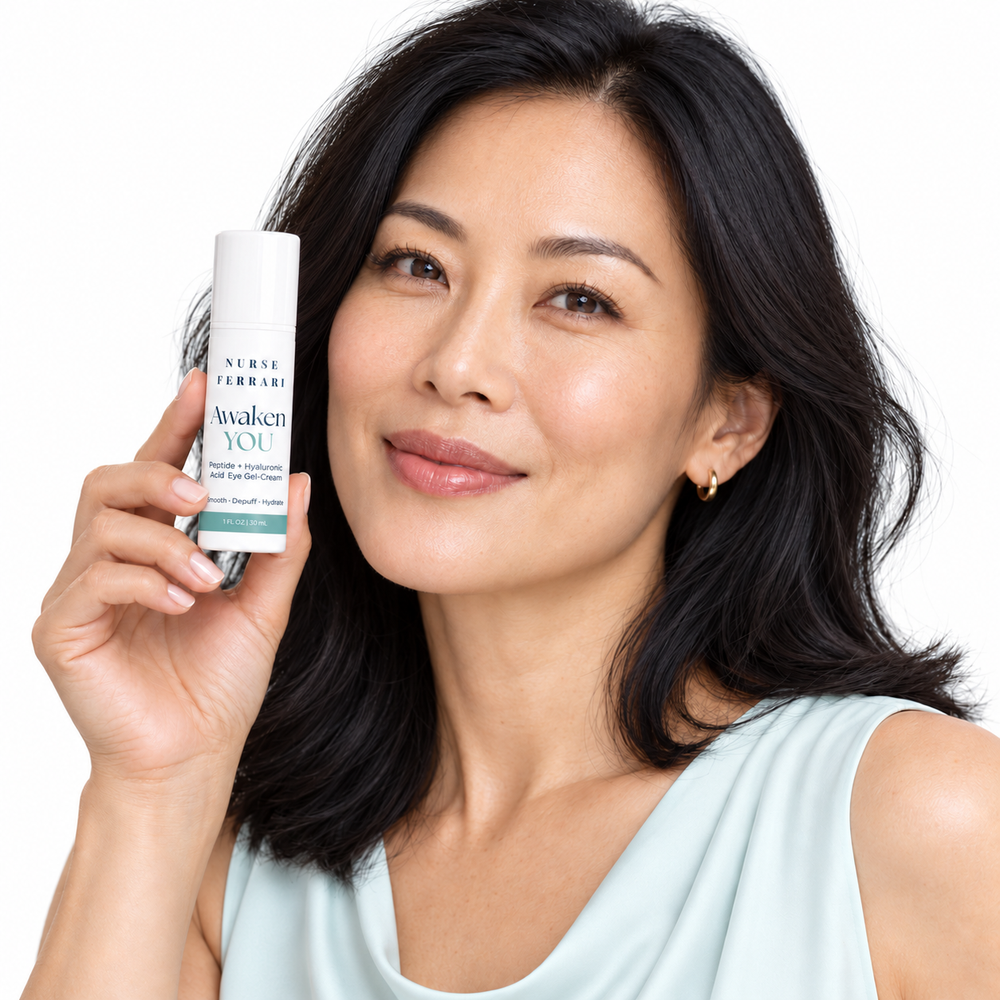 Awaken YOU eye gel-cream held by a woman on white