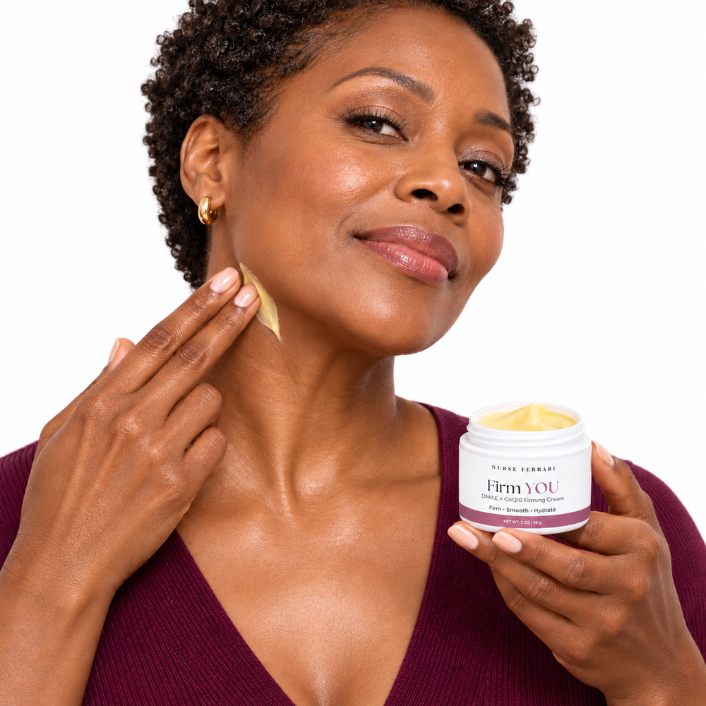 Woman applying Firm YOU cream to her neck