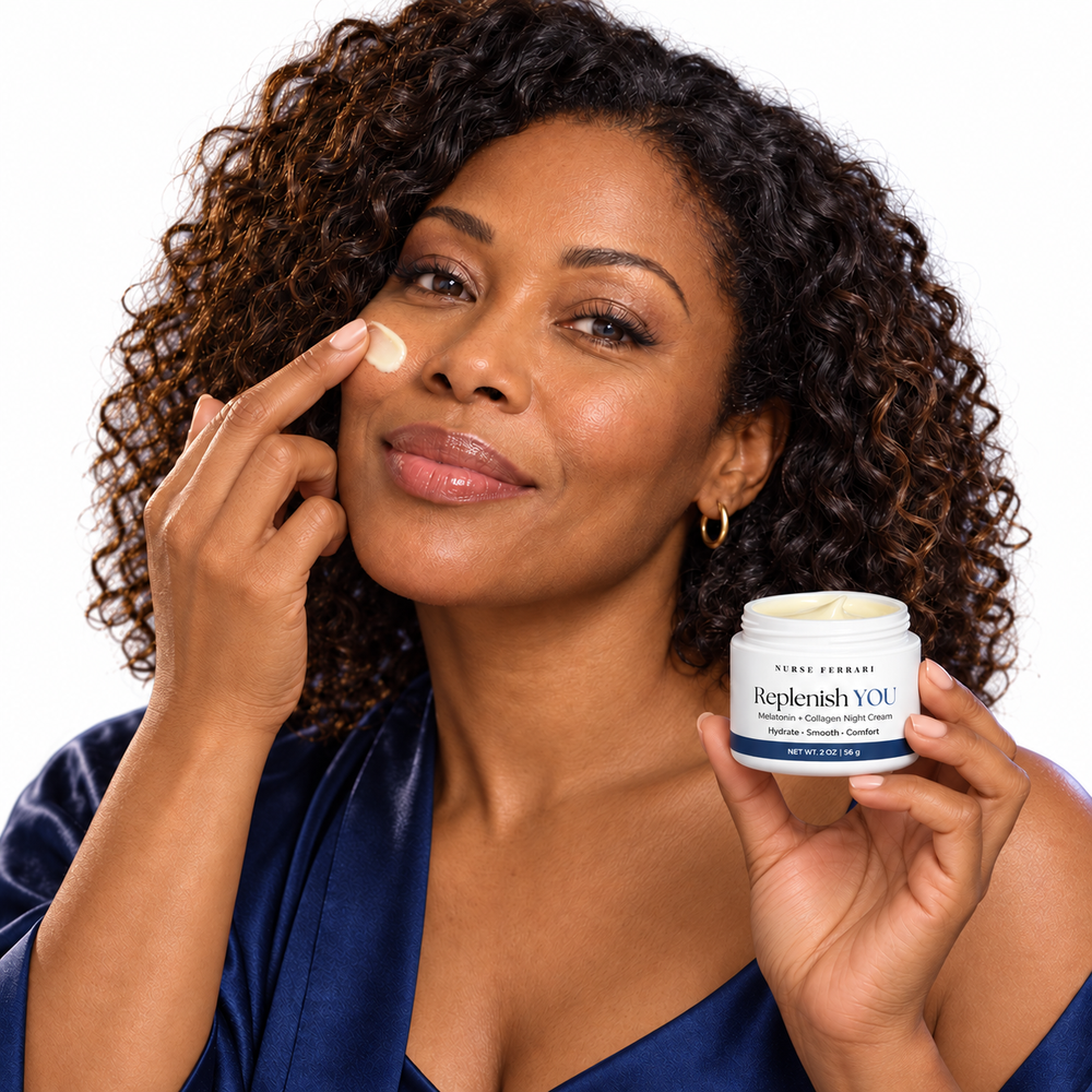 Woman applying Replenish YOU night cream on white