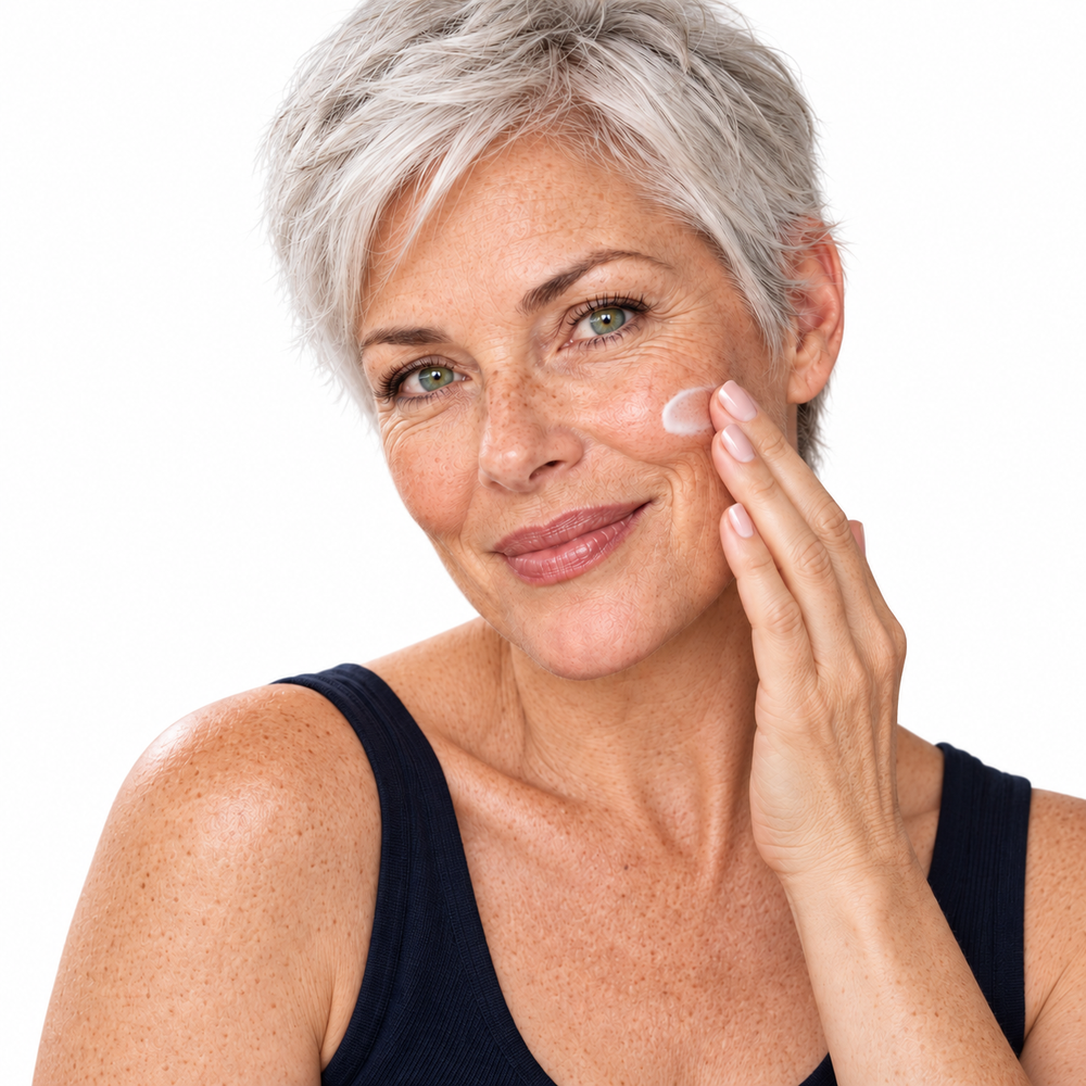 Silver-haired woman applying Timeless YOU cream to her cheek on white