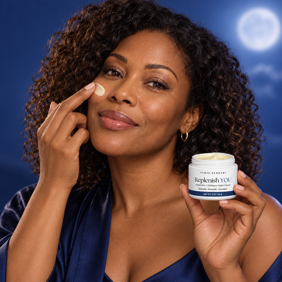 Black woman applying pale-yellow Replenish YOU night cream while holding the exact open jar