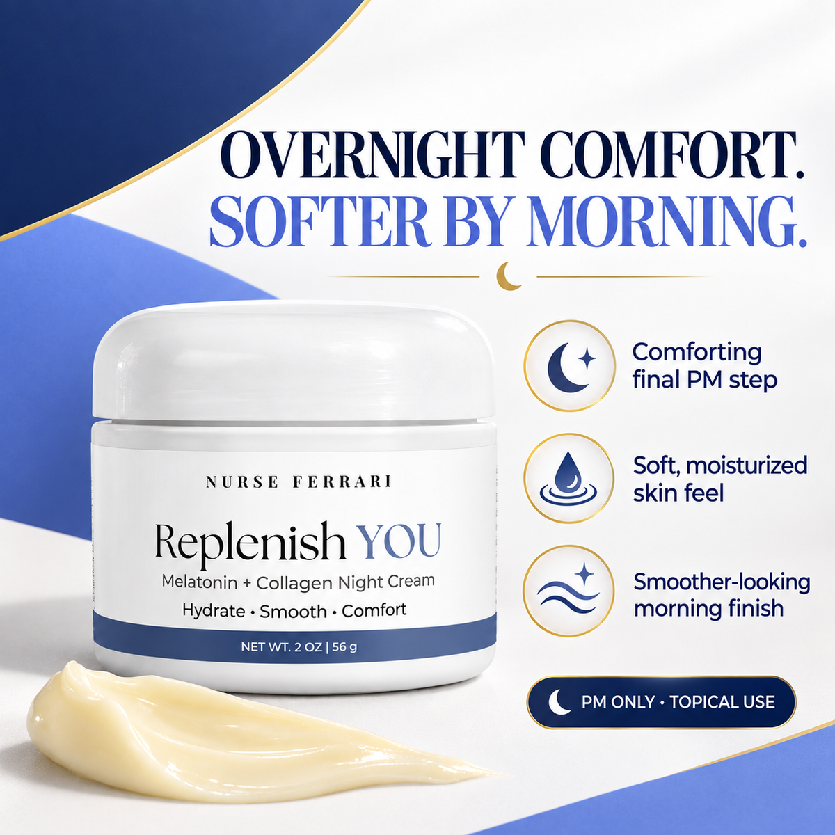 Replenish YOU benefit card highlighting overnight moisture comfort and a smoother-looking morning finish