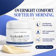 Replenish YOU benefit card highlighting overnight moisture comfort and a smoother-looking morning finish