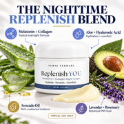 Replenish YOU ingredient story featuring topical melatonin collagen aloe hyaluronic acid avocado oil lavender and rosemary