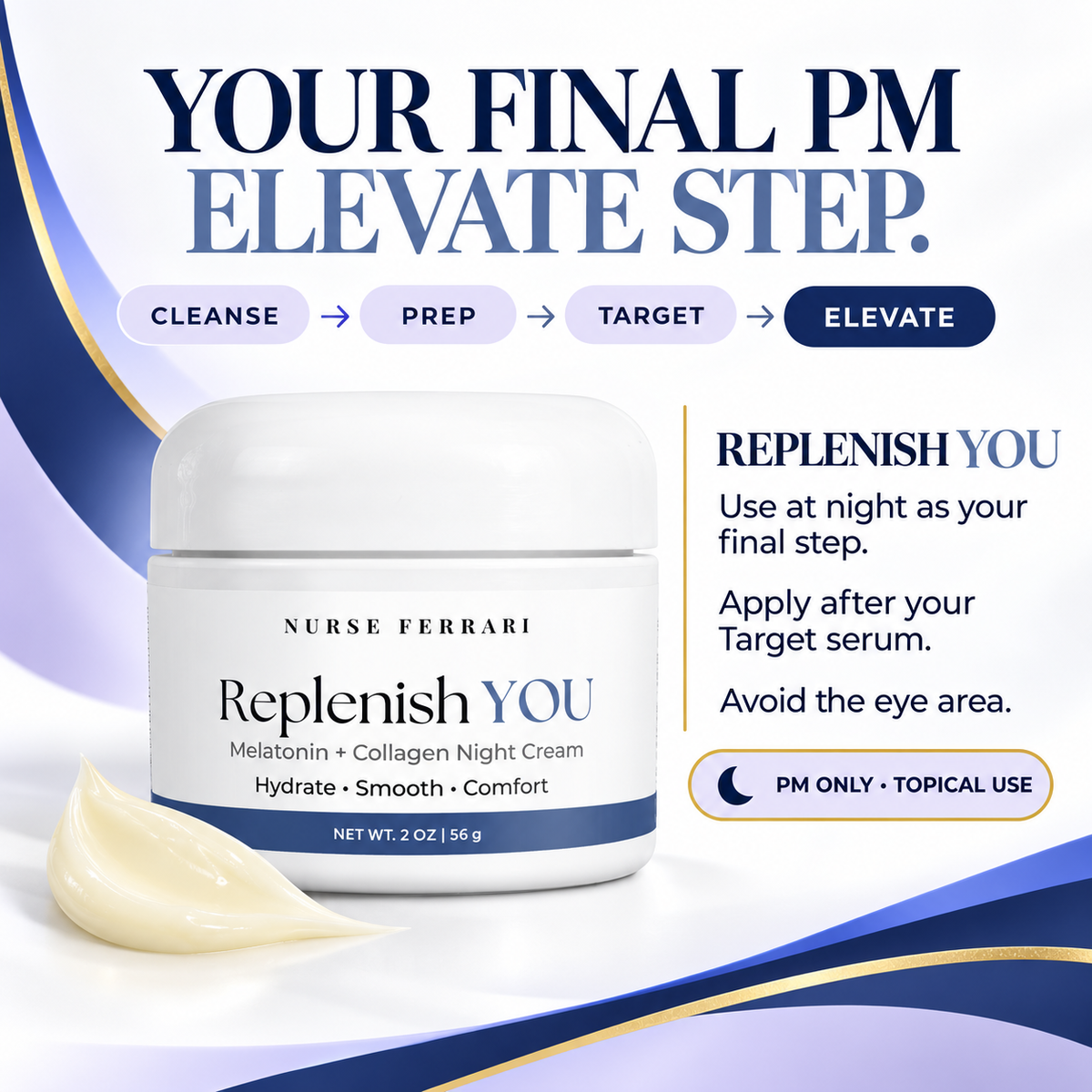 Replenish YOU routine card showing it as the final topical PM Elevate step