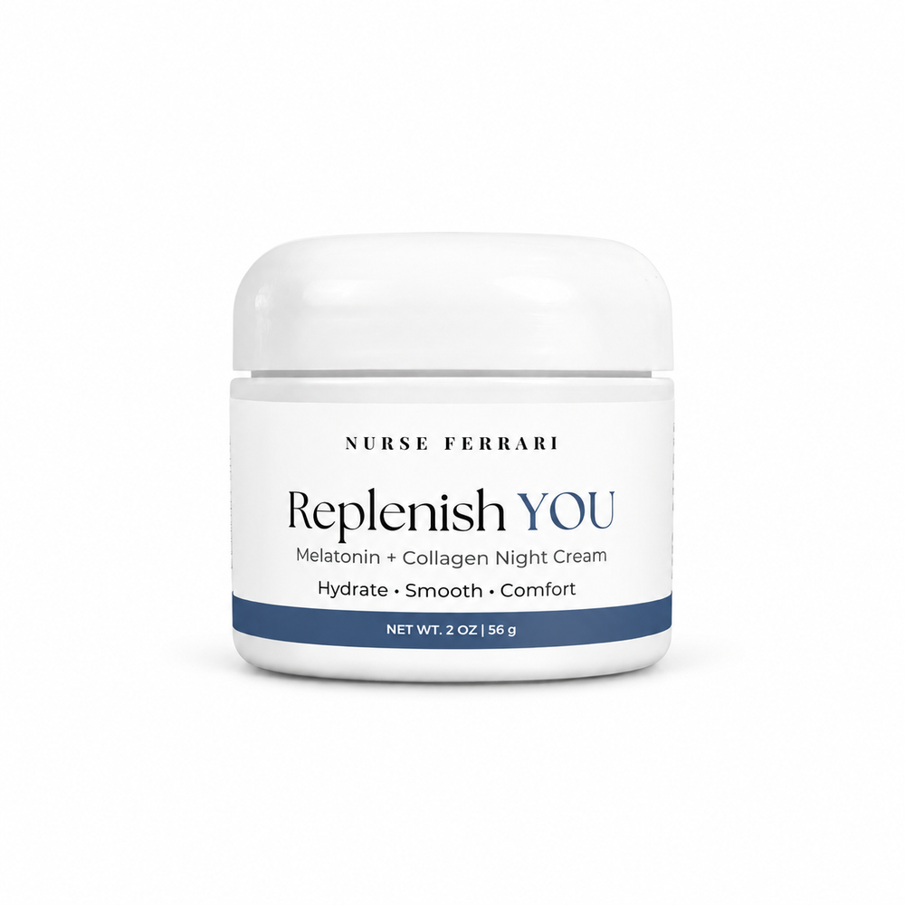 Replenish YOU Melatonin and Collagen Night Cream jar on crisp white