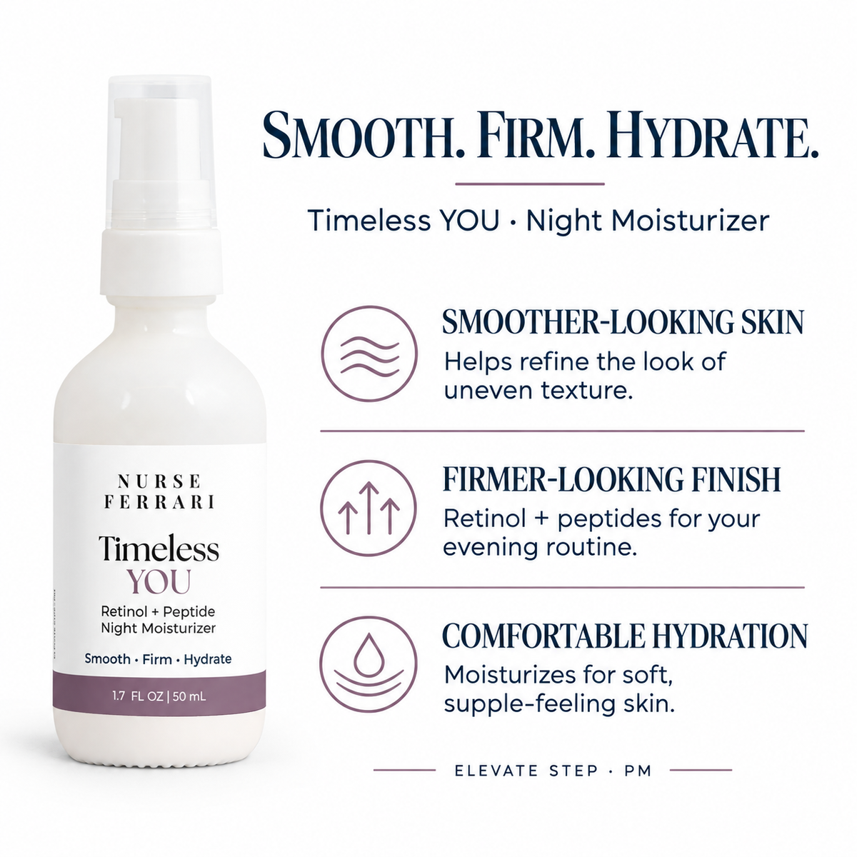 Timeless YOU benefits: smoother-looking skin, firmer-looking finish, and comfortable hydration.