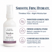 Timeless YOU benefits: smoother-looking skin, firmer-looking finish, and comfortable hydration.