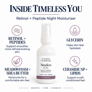 Timeless YOU key ingredients: retinol and peptides, glycerin, meadowfoam and shea butter, ceramide NP and lipids.