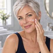 Woman with short silver hair applying moisturizer to her cheek